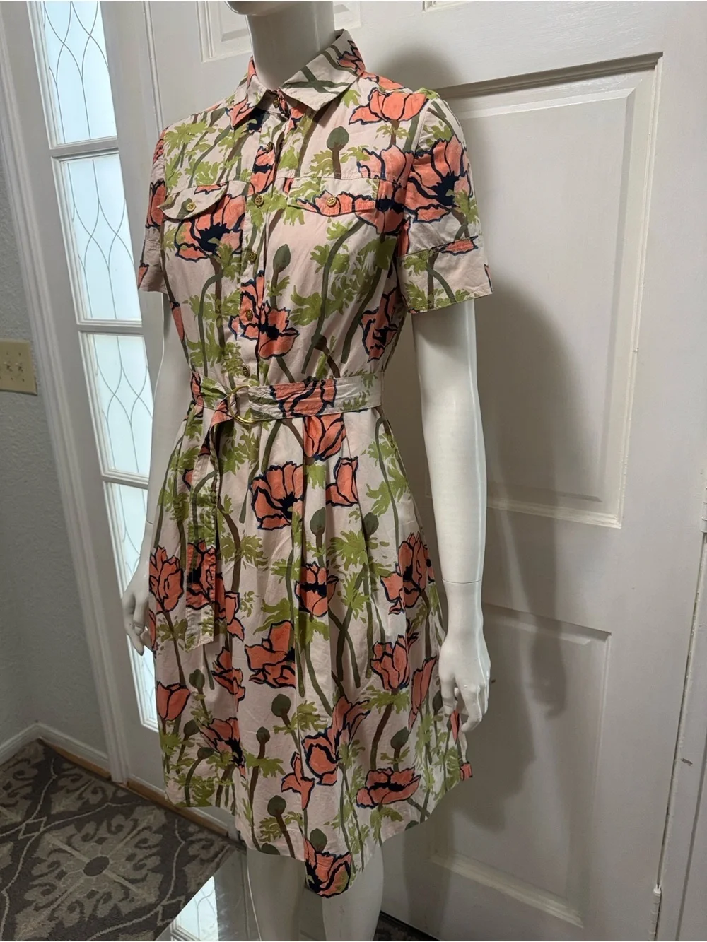 Tory Burch Cream Floral Shirt Dress with Pink and Green Accents Size 2